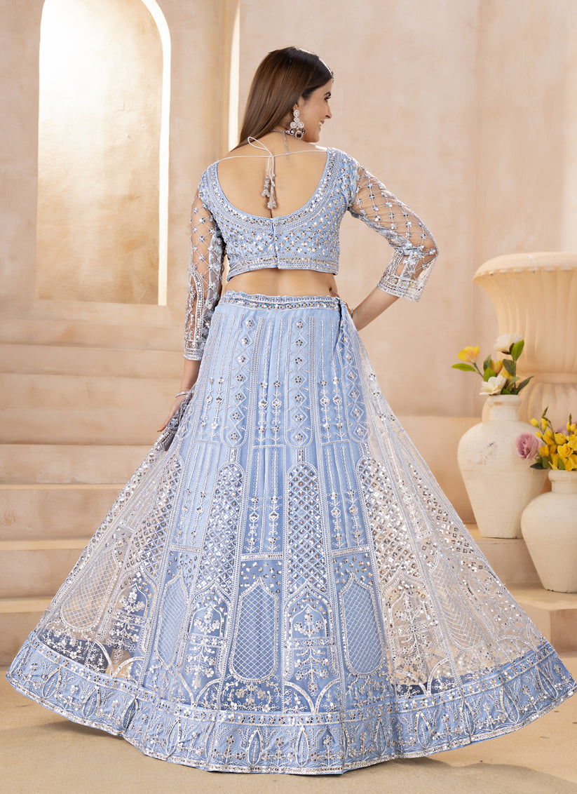 Sky Blue Butterfly Net Bridal Lehenga Choli with Heavy Sequin Work