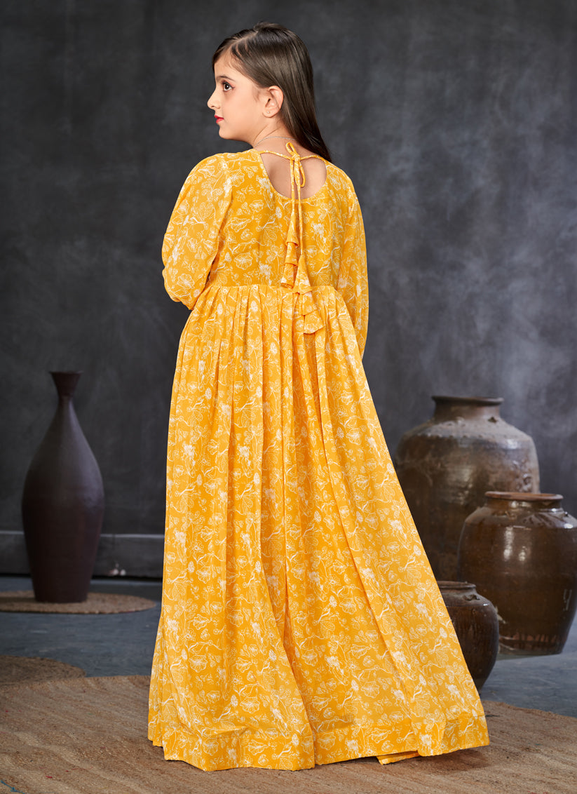 Sunny Yellow Georgette Printed Girls Gown