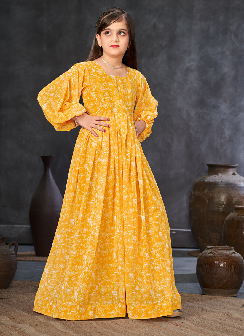 Sunny Yellow Georgette Printed Girls Gown