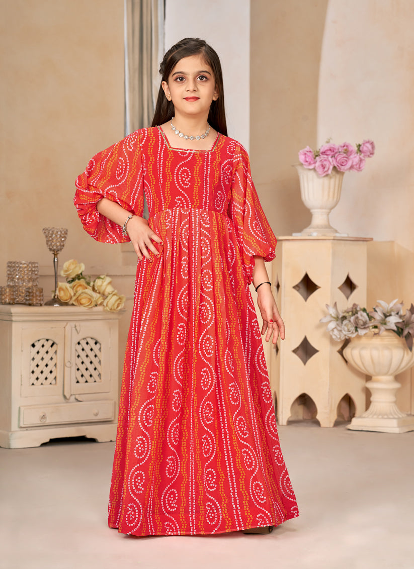Coral Red Georgette Printed Girls Gown