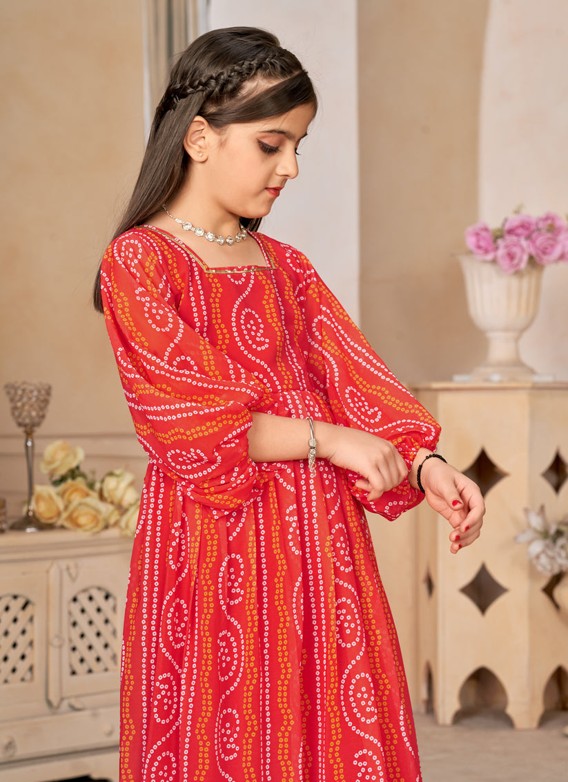 Coral Red Georgette Printed Girls Gown