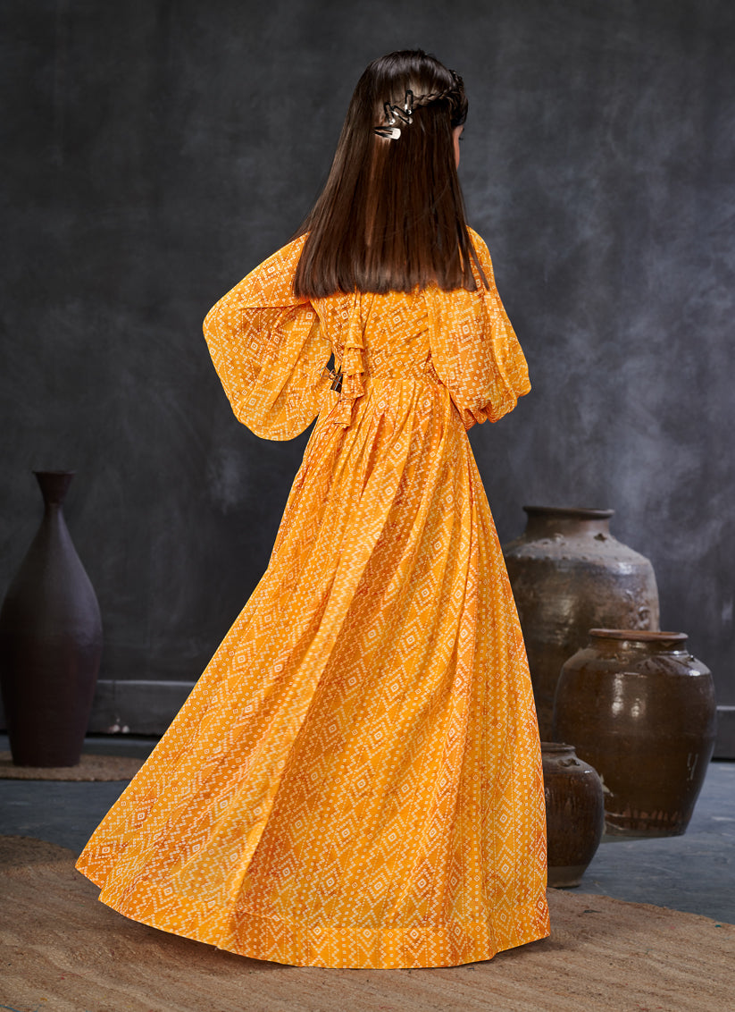 Mustard Georgette Printed Girls Gown
