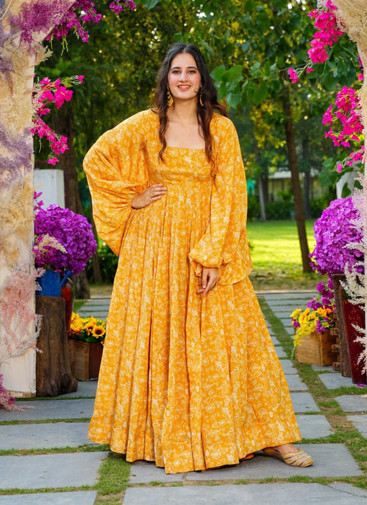 Golden Yellow Heavy Georgette Digital Printed Gown