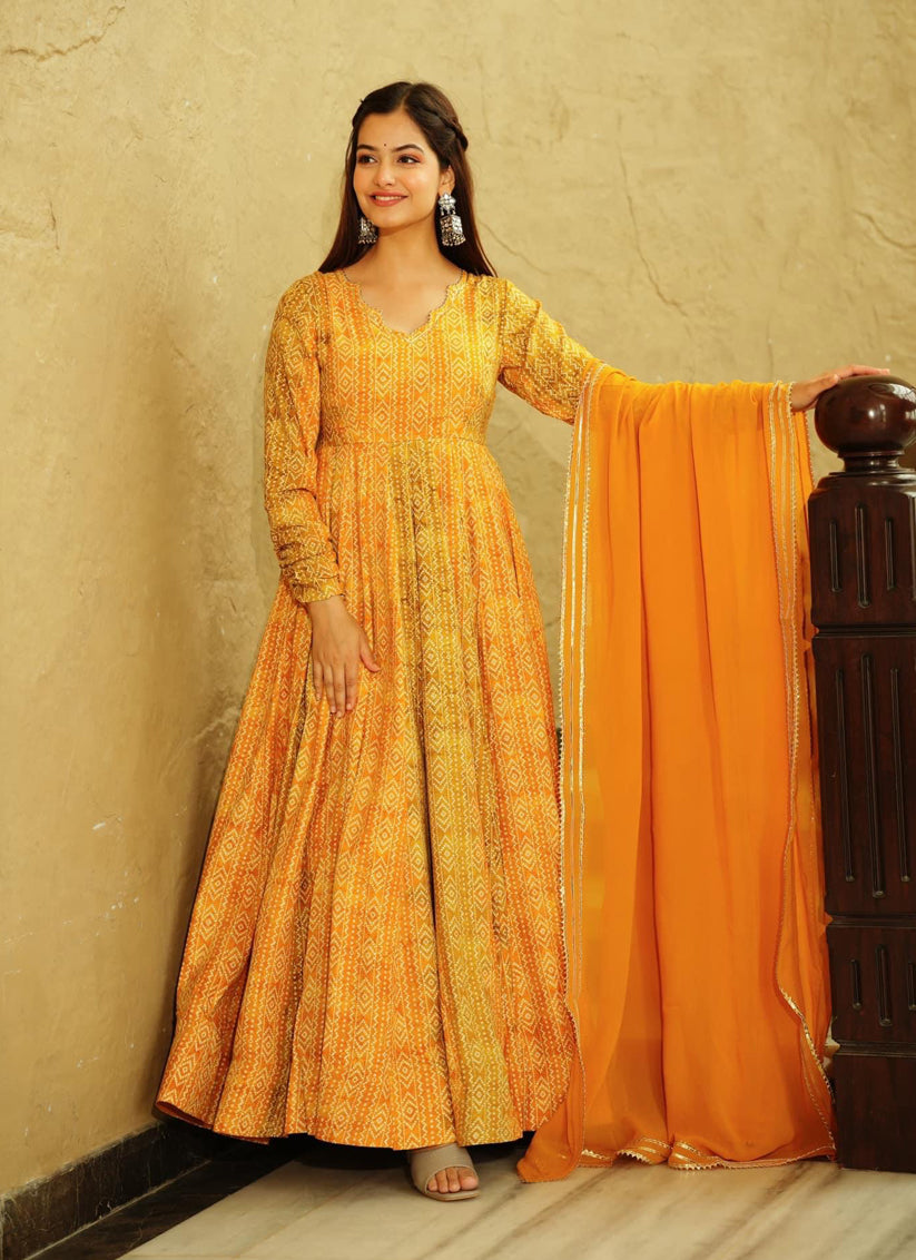 Mustard Yellow Heavy Georgette Digital Printed Gown