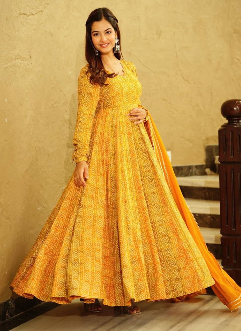 Mustard Yellow Heavy Georgette Digital Printed Gown