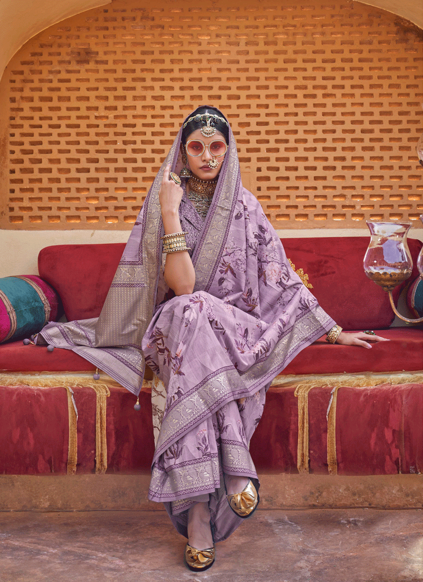 Lavender Floral Printed Designer Silk Saree