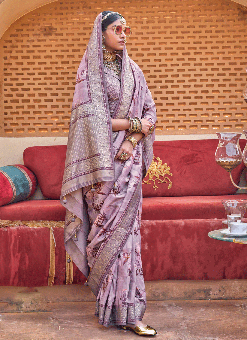 Lavender Floral Printed Designer Silk Saree