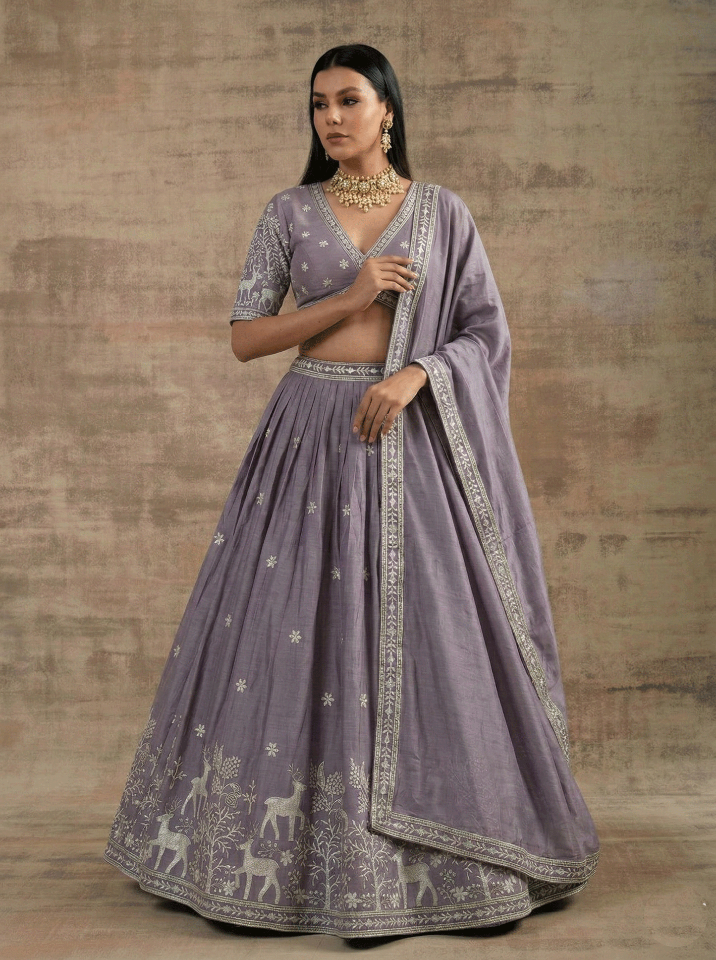 Lavender Satin Silk Embroidered Lehenga Choli for Women