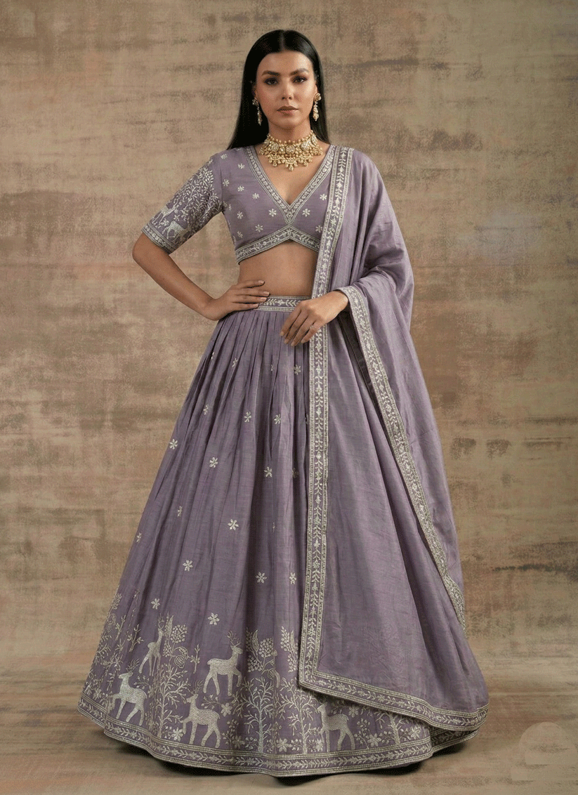 Lavender Satin Silk Embroidered Lehenga Choli for Women