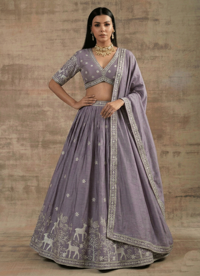 Lavender Satin Silk Embroidered Lehenga Choli for Women