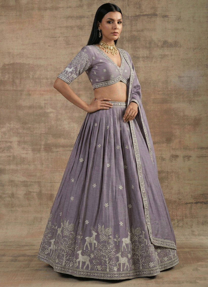 Lavender Satin Silk Embroidered Lehenga Choli for Women