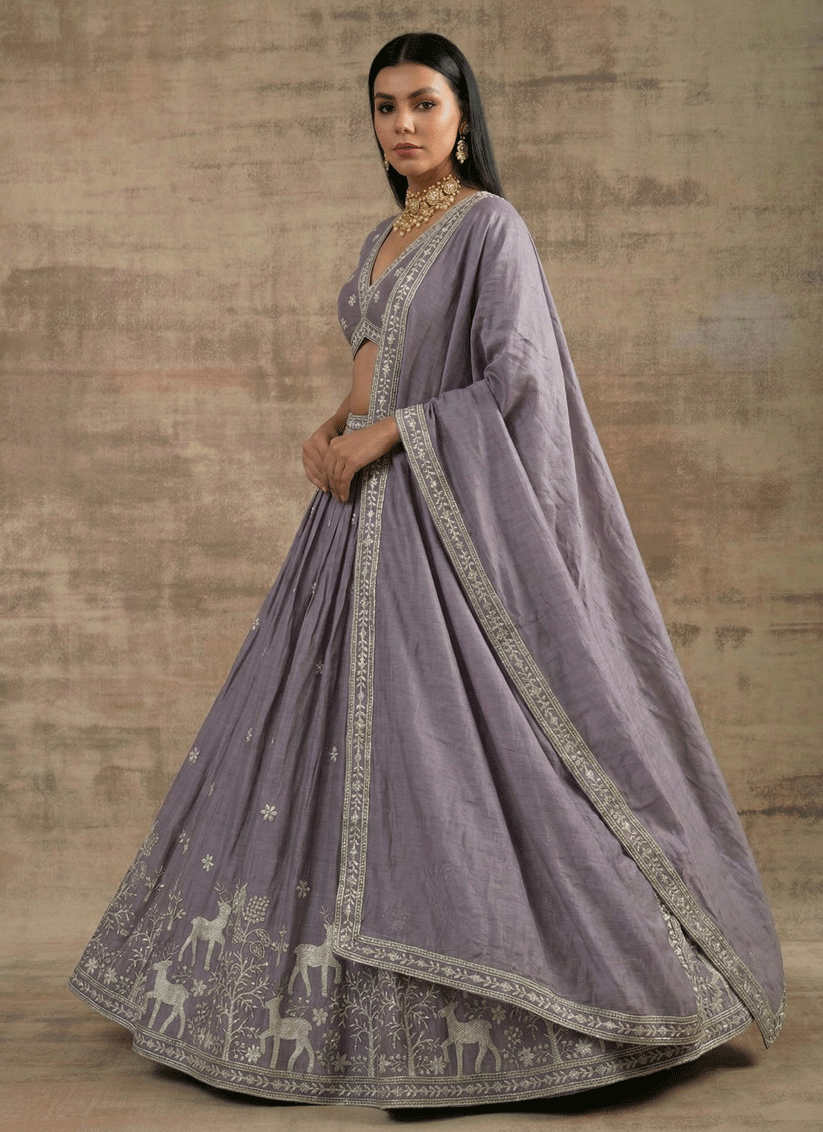 Lavender Satin Silk Embroidered Lehenga Choli for Women