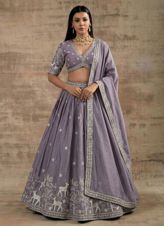 Lavender Satin Silk Embroidered Lehenga Choli for Women