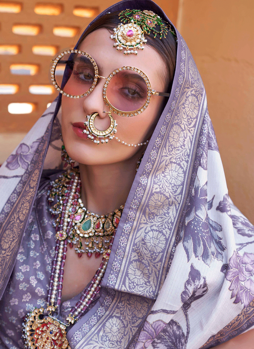 Livid Grey Floral Printed Designer Silk Saree