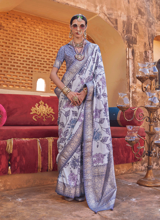 Livid Grey Floral Printed Designer Silk Saree