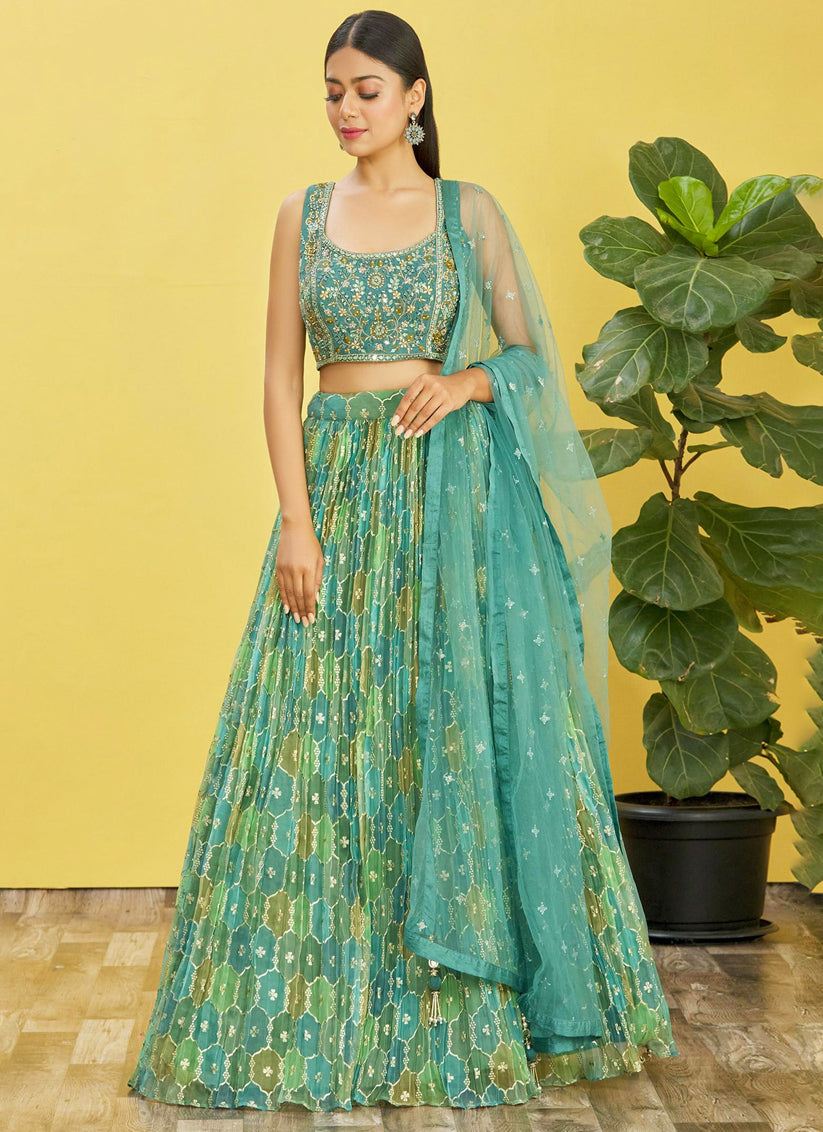 Mint Green Organza Designer Lehenga Choli Set