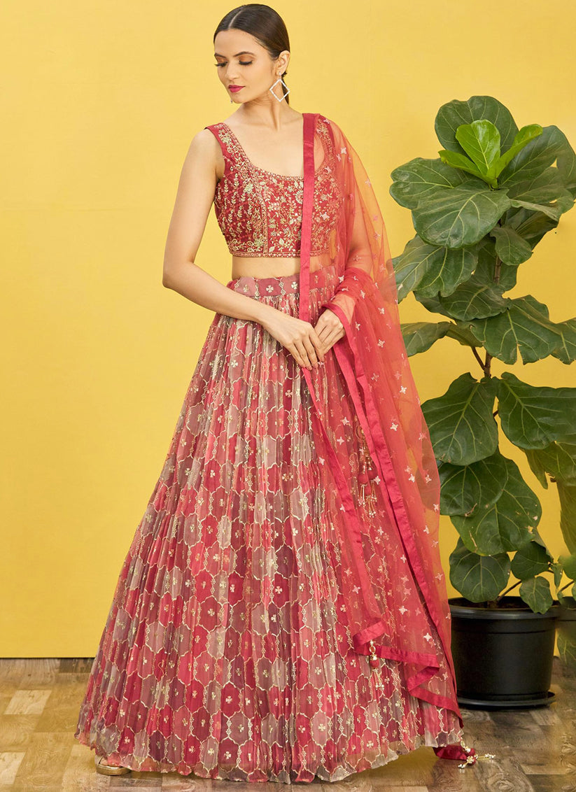 Coral Red Organza Designer Lehenga Choli Set