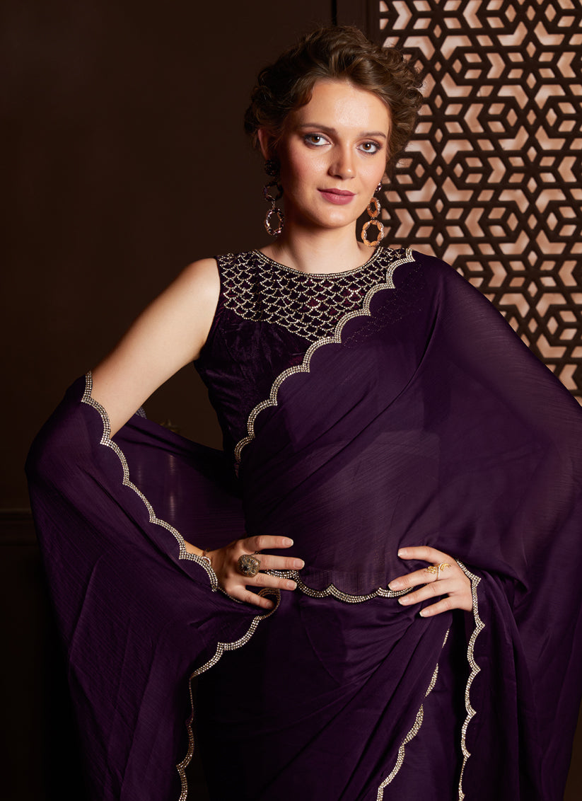 Purple Silk Satin Chiffon Party Wear Saree