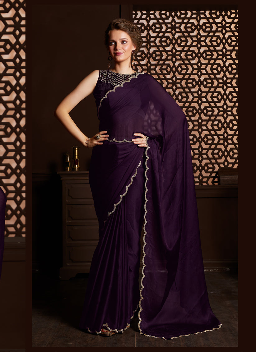 Purple Silk Satin Chiffon Party Wear Saree