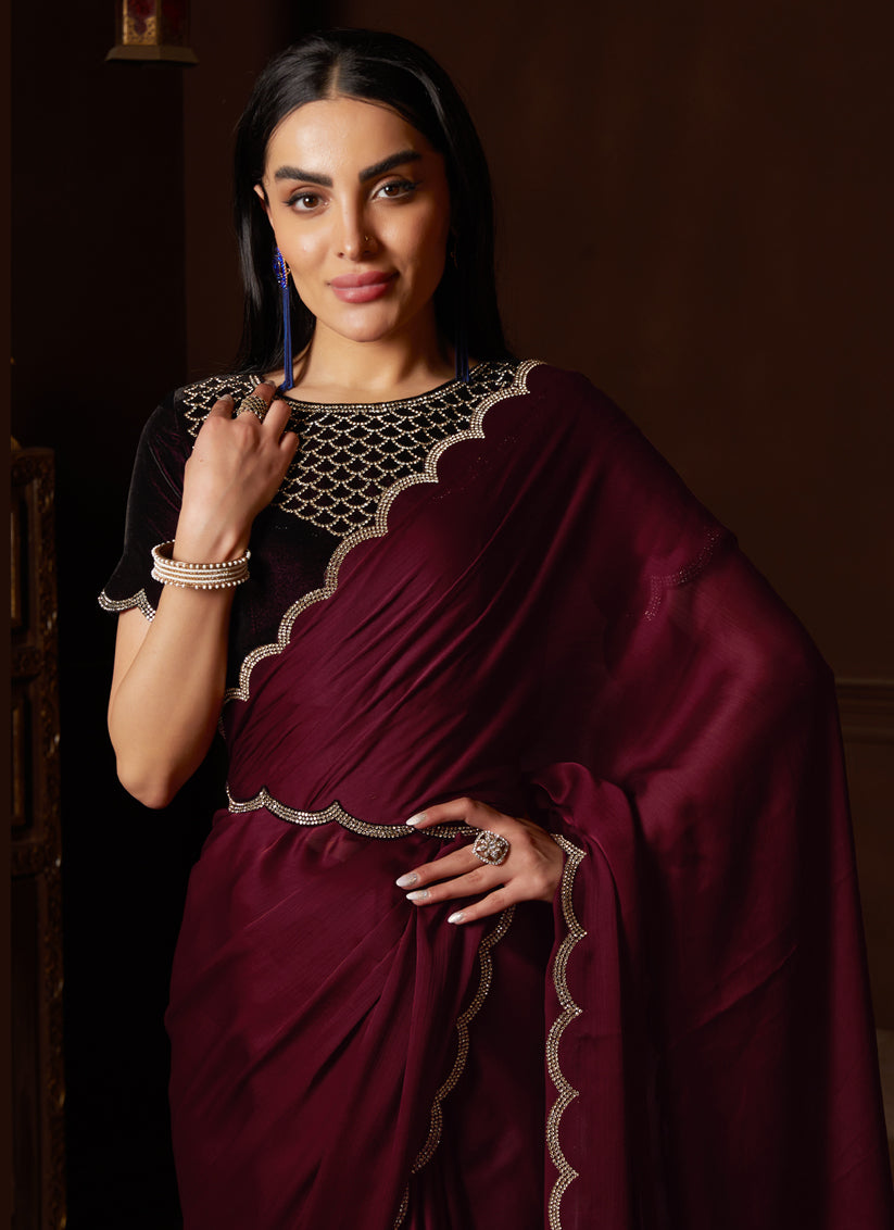 Maroon Silk Satin Chiffon Party Wear Saree