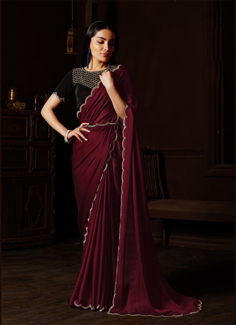 Maroon Silk Satin Chiffon Party Wear Saree