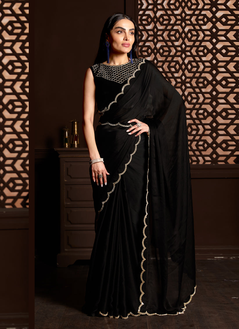 Black Silk Satin Chiffon Party Wear Saree