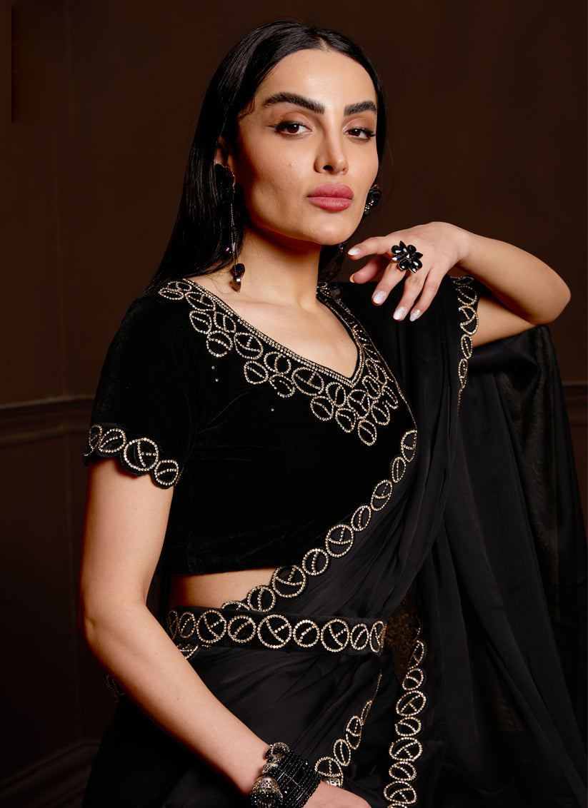 Black Silk Satin Chiffon Party Wear Saree