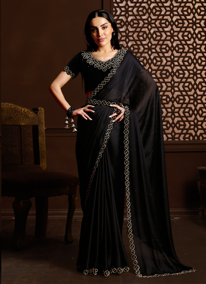 Black Silk Satin Chiffon Party Wear Saree