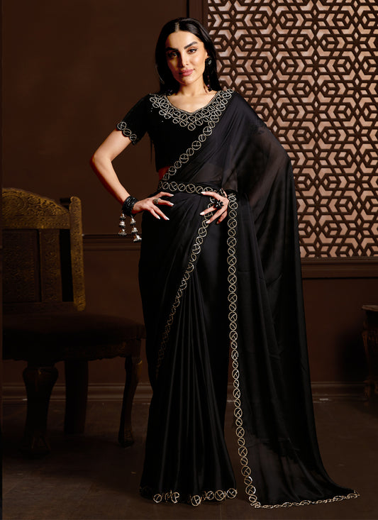 Black Silk Satin Chiffon Party Wear Saree