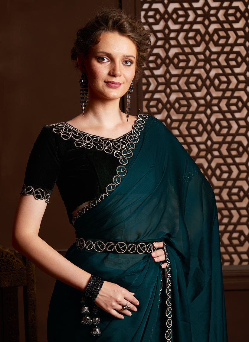 Teal Green Silk Satin Chiffon Party Wear Saree