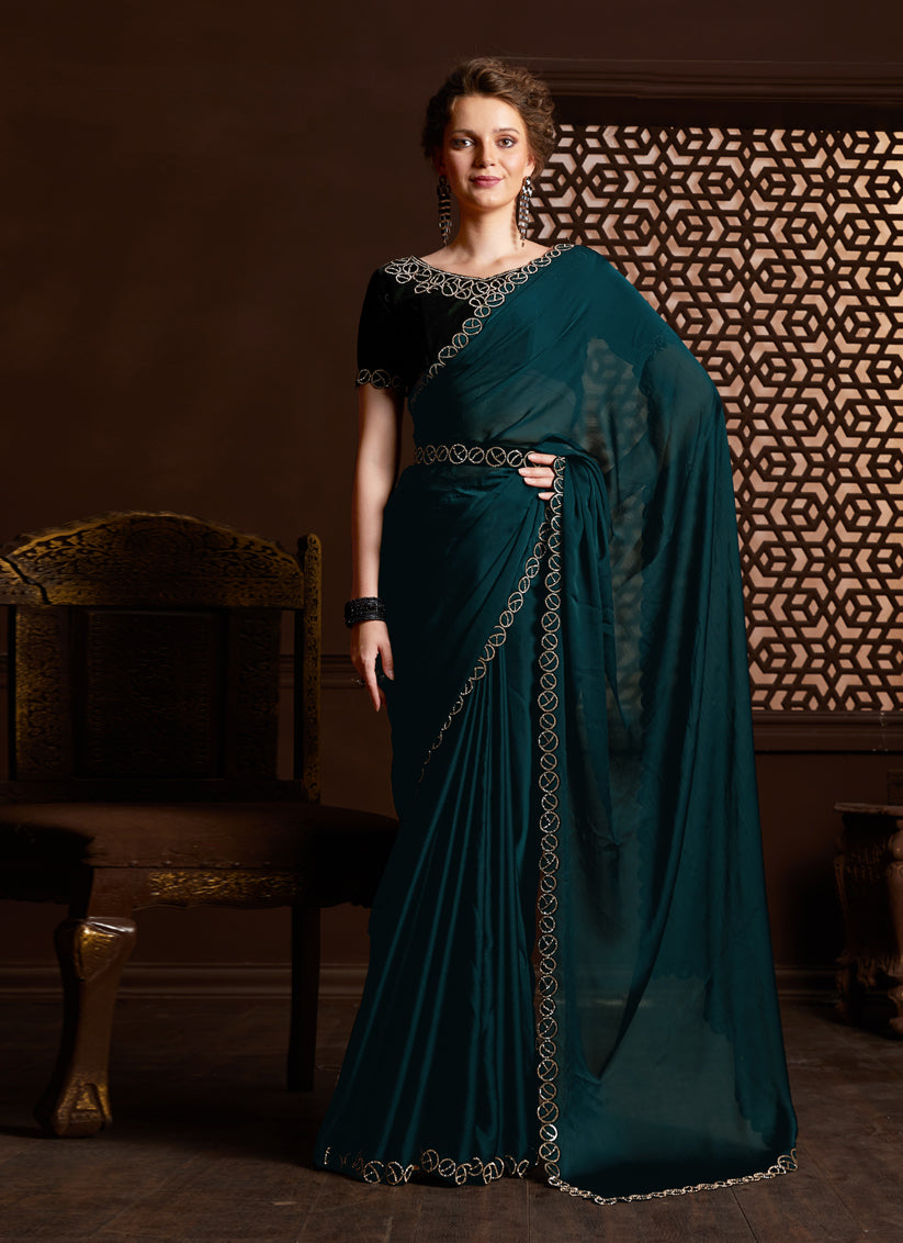 Teal Green Silk Satin Chiffon Party Wear Saree