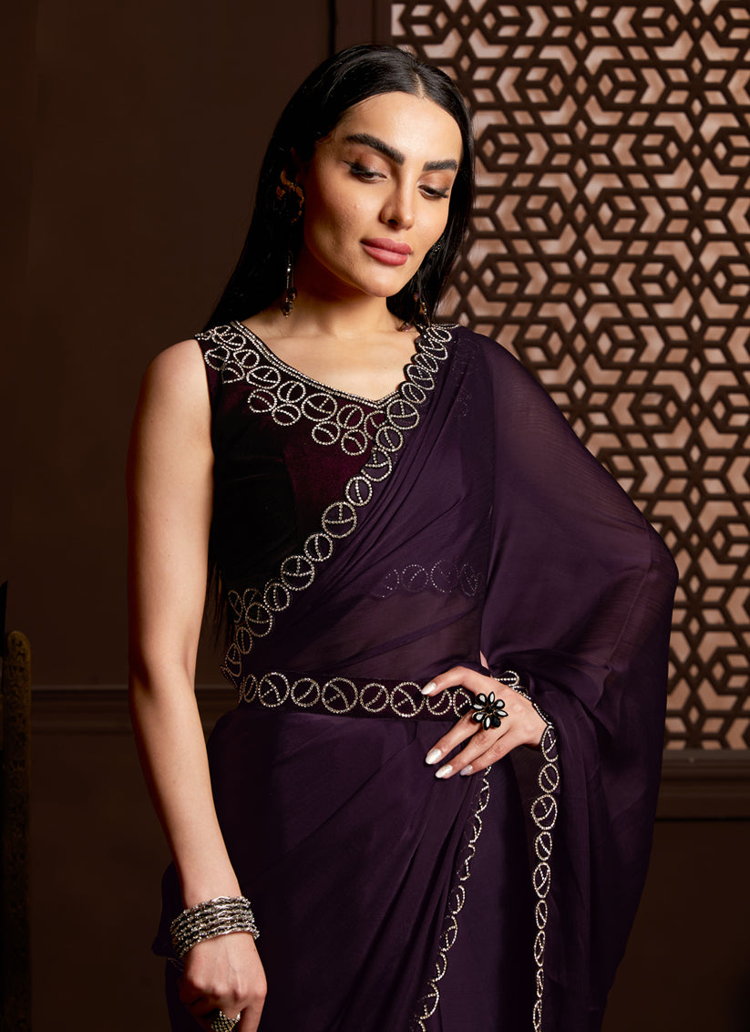 Violet Silk Satin Chiffon Party Wear Saree