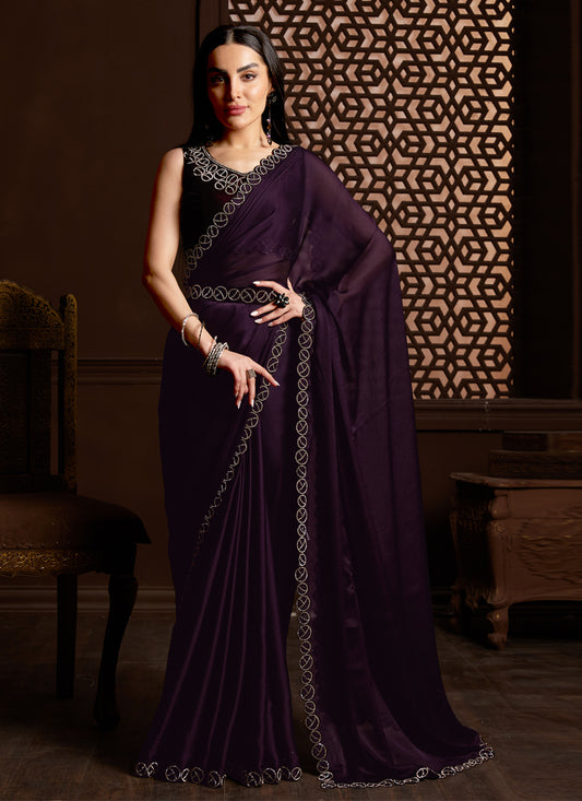 Violet Silk Satin Chiffon Party Wear Saree