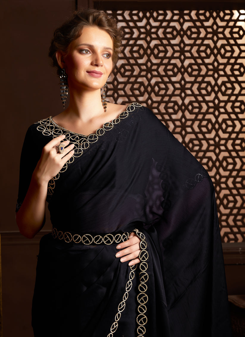 Black Silk Satin Chiffon Party Wear Saree