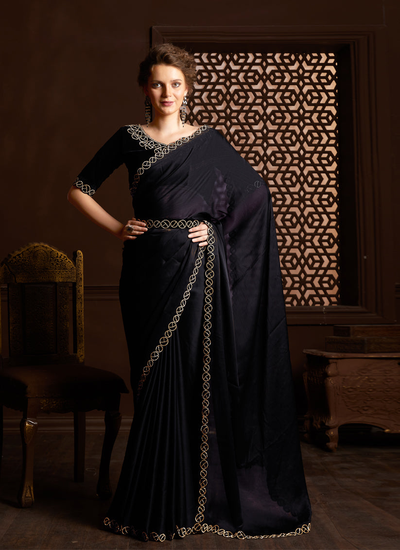 Black Silk Satin Chiffon Party Wear Saree