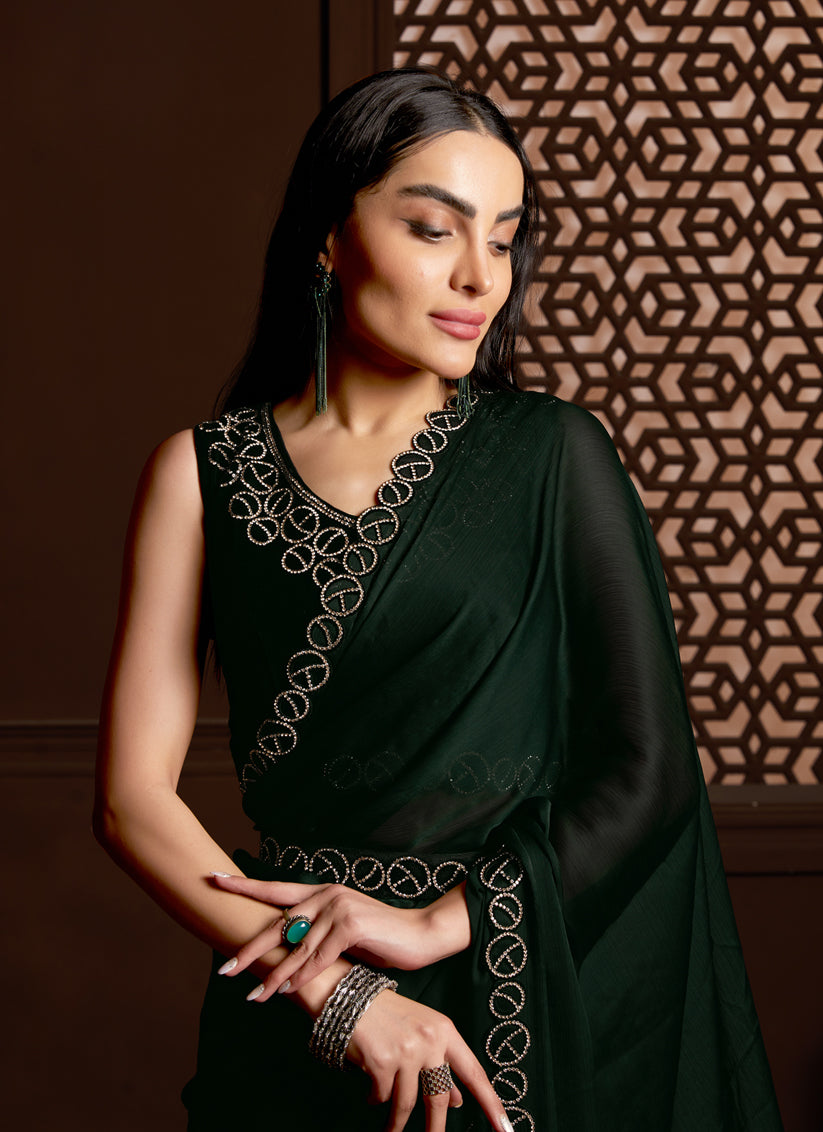 Leaf Green Silk Satin Chiffon Party Wear Saree