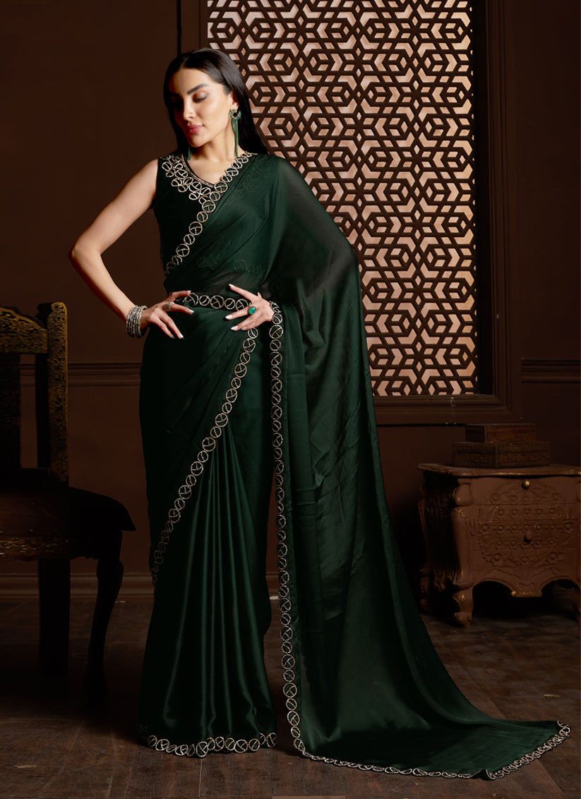 Leaf Green Silk Satin Chiffon Party Wear Saree