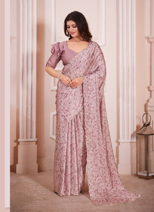 Dusty Pink Pure Satin Georgette Party Wear Saree