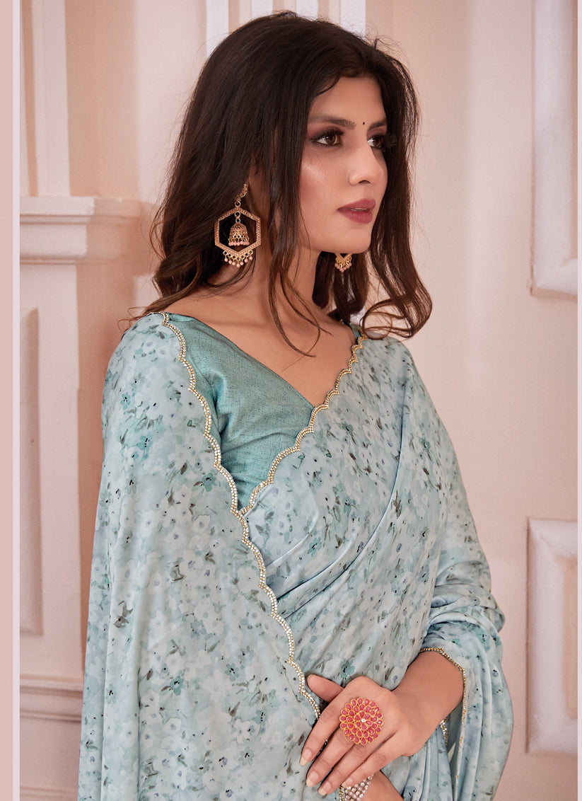 Teal Grey Pure Satin Georgette Party Wear Saree
