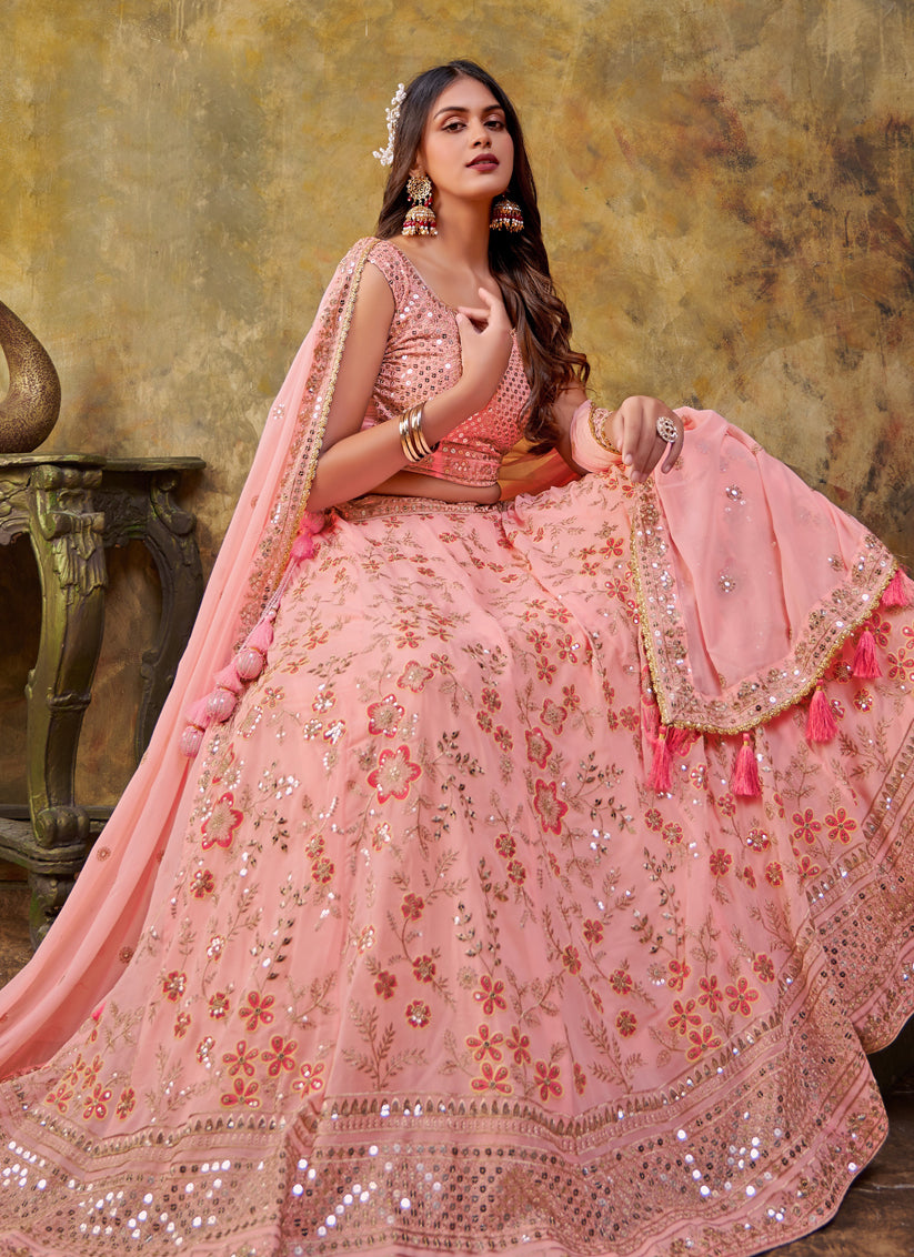 Coral Pink Georgette Embroidered Lehenga Choli