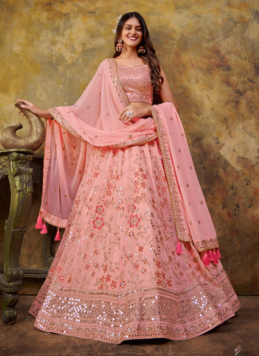 Coral Pink Georgette Embroidered Lehenga Choli