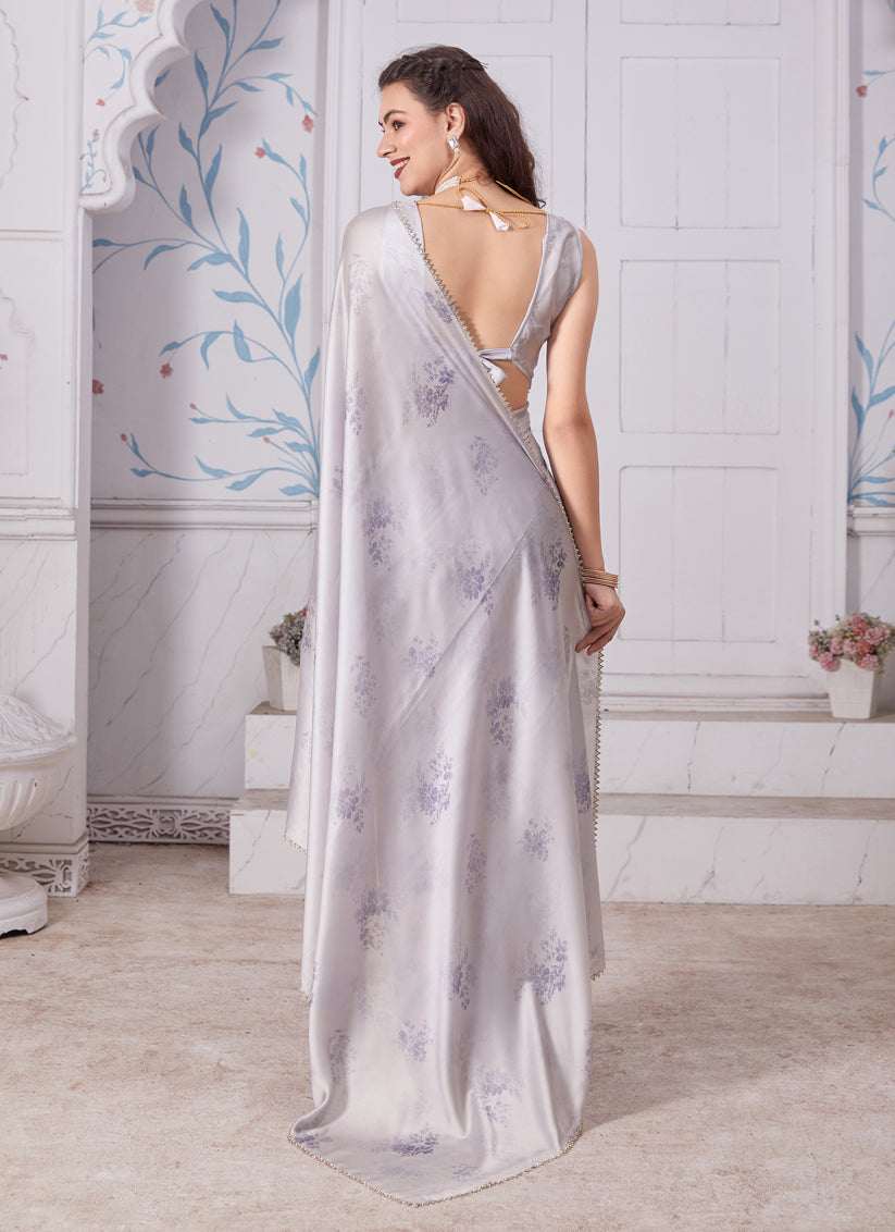 Silver Grey Embellished Pure Satin Georgette Saree