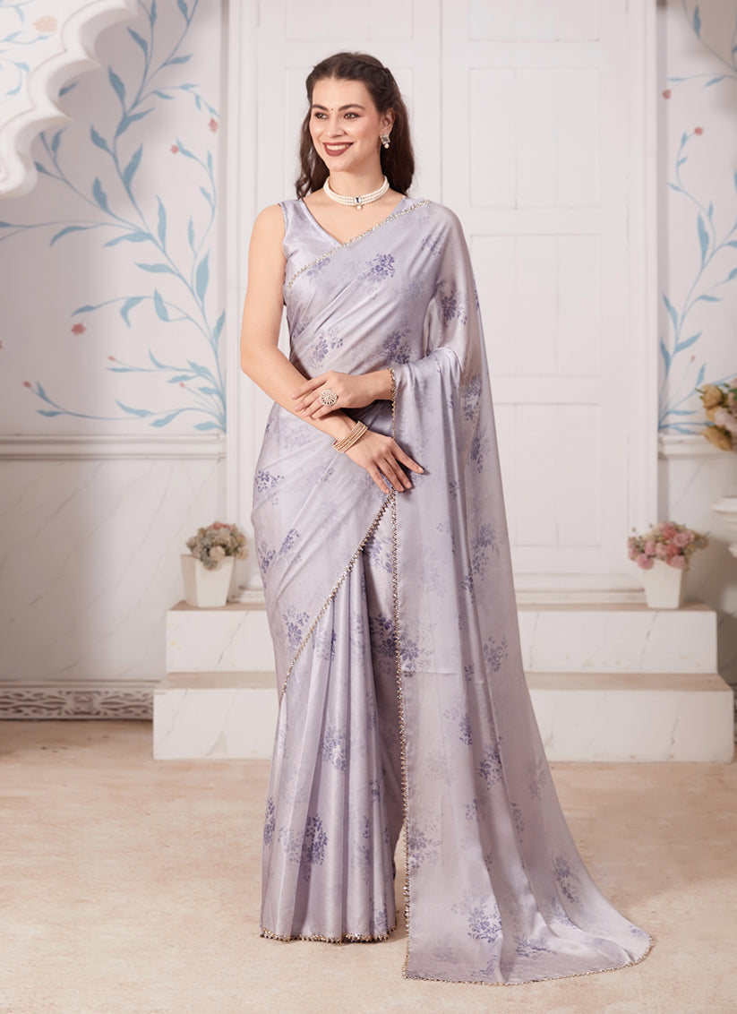 Silver Grey Embellished Pure Satin Georgette Saree