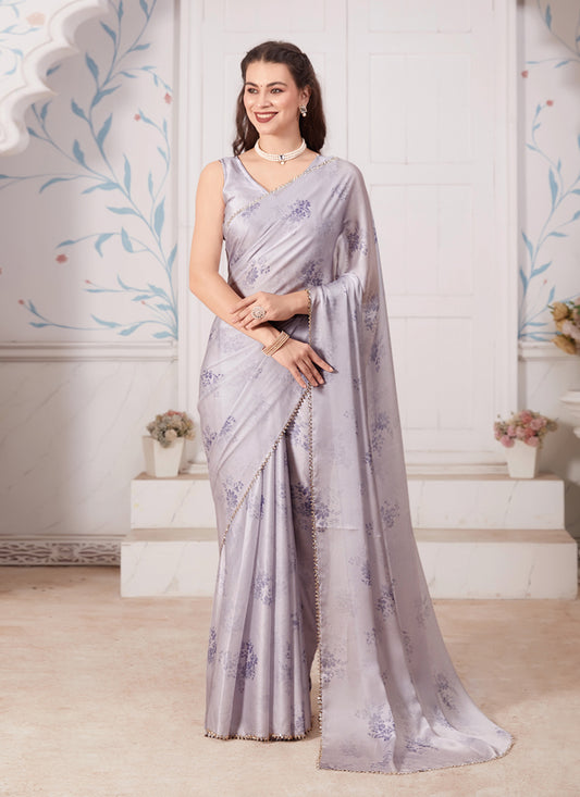 Silver Grey Embellished Pure Satin Georgette Saree