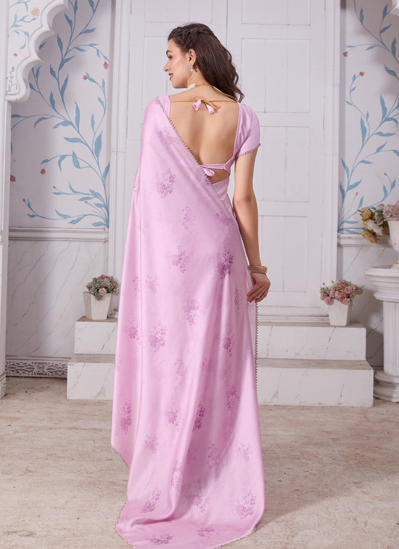 Rose Pink Embellished Pure Satin Georgette Saree