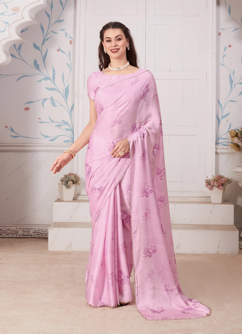 Rose Pink Embellished Pure Satin Georgette Saree