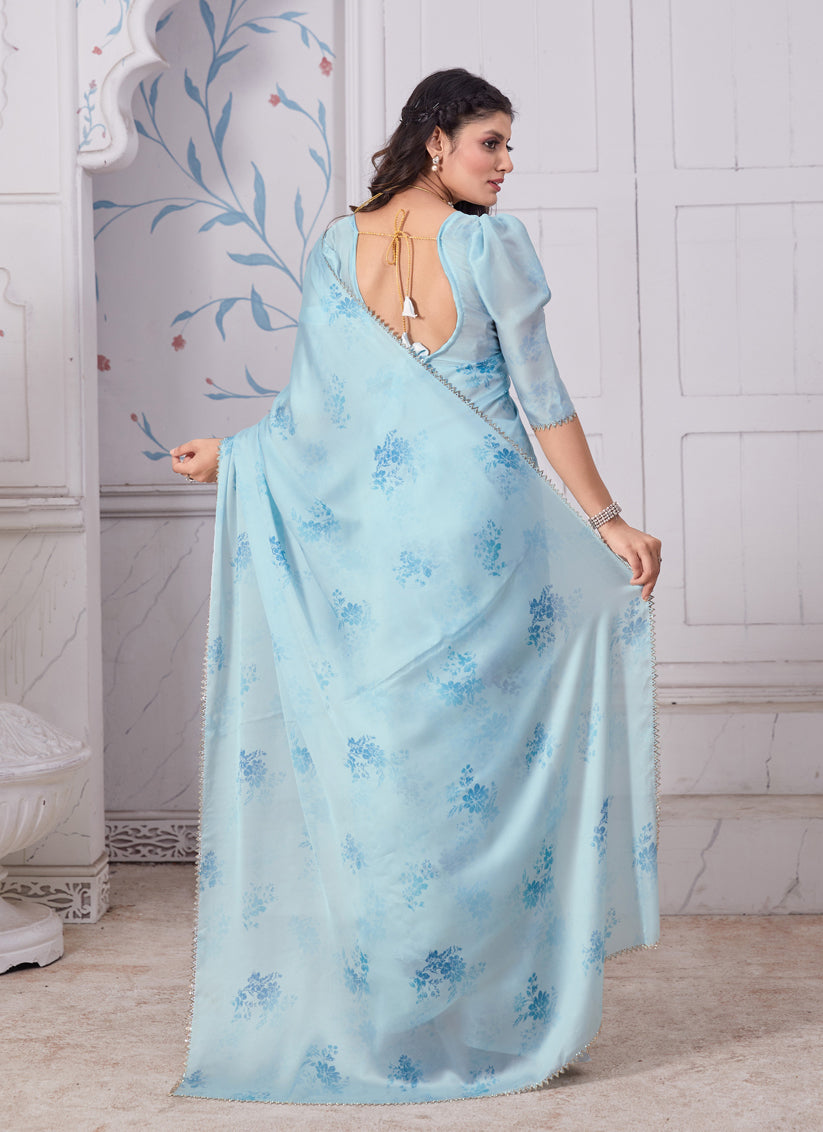 Ice Blue Embellished Pure Satin Georgette Saree