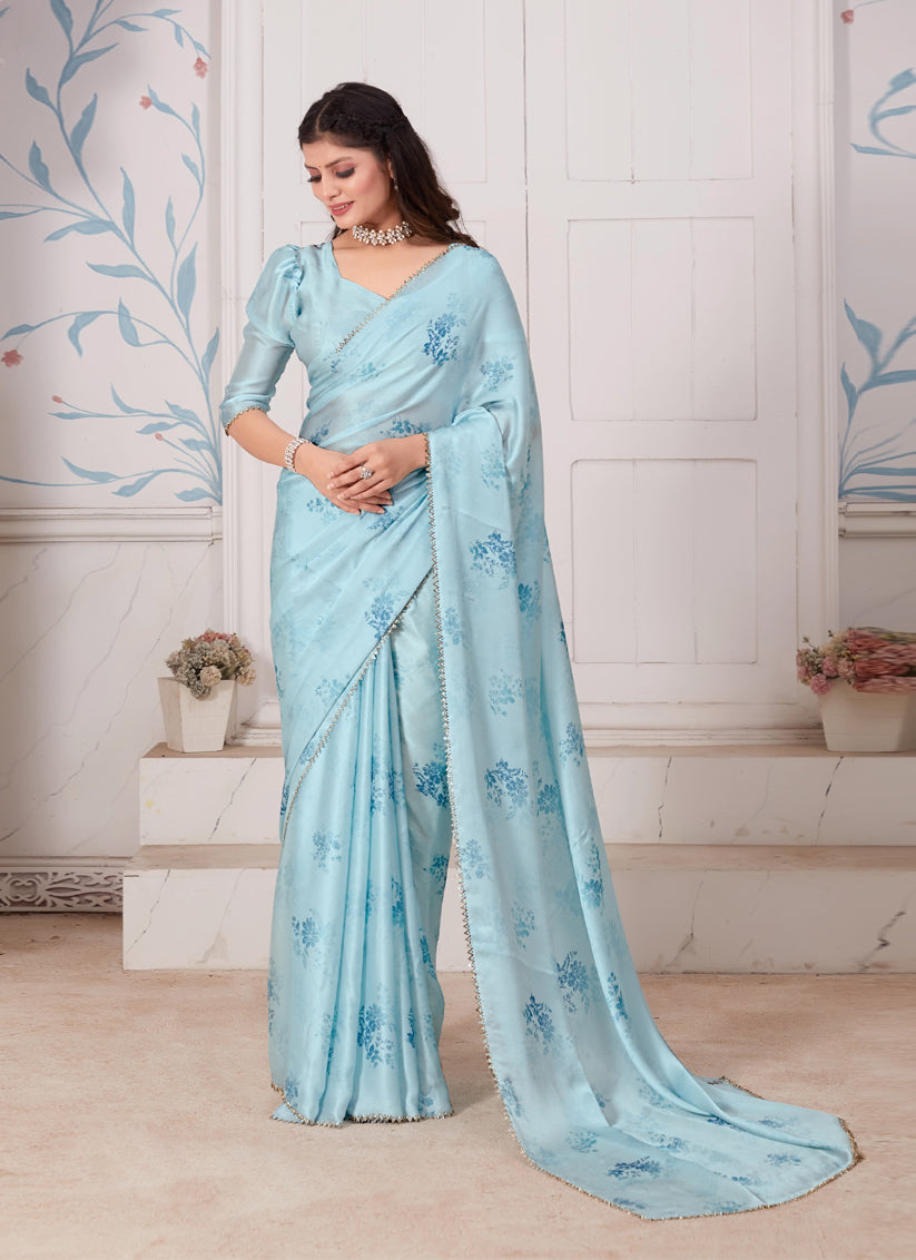 Ice Blue Embellished Pure Satin Georgette Saree