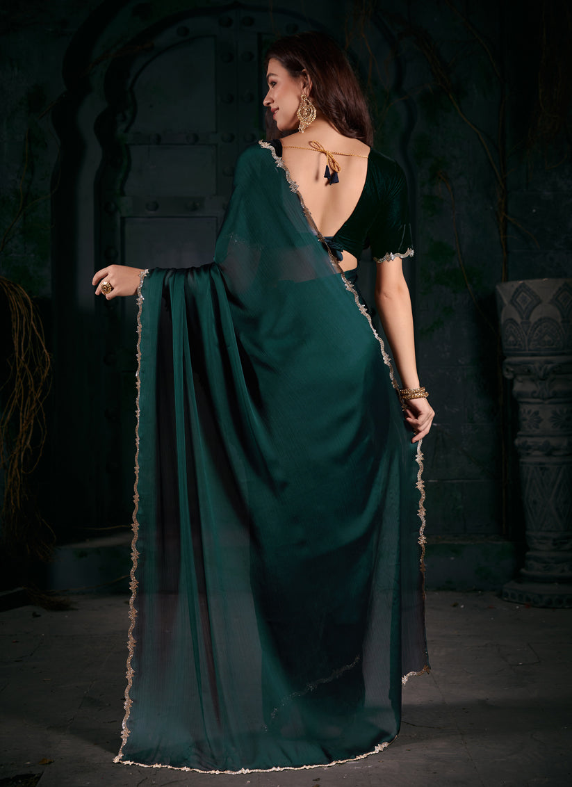 Bottle Green Pure Satin Chiffon Party Wear Saree