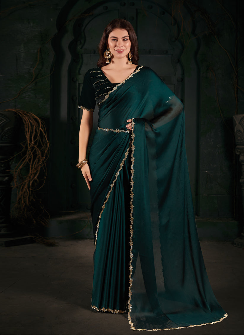 Bottle Green Pure Satin Chiffon Party Wear Saree